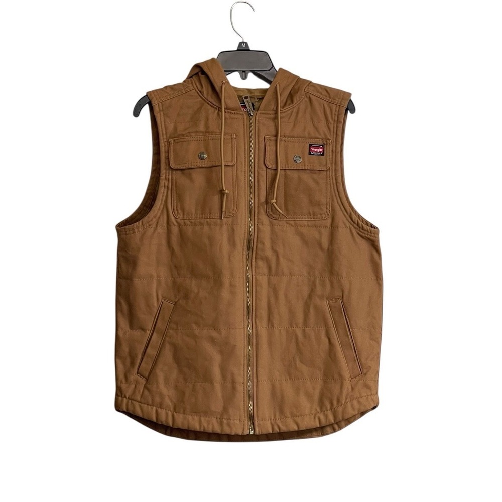 Wrangler Workwear Mens Quilted Hooded Vest Brown Size M Canvas Utility Heavyduty